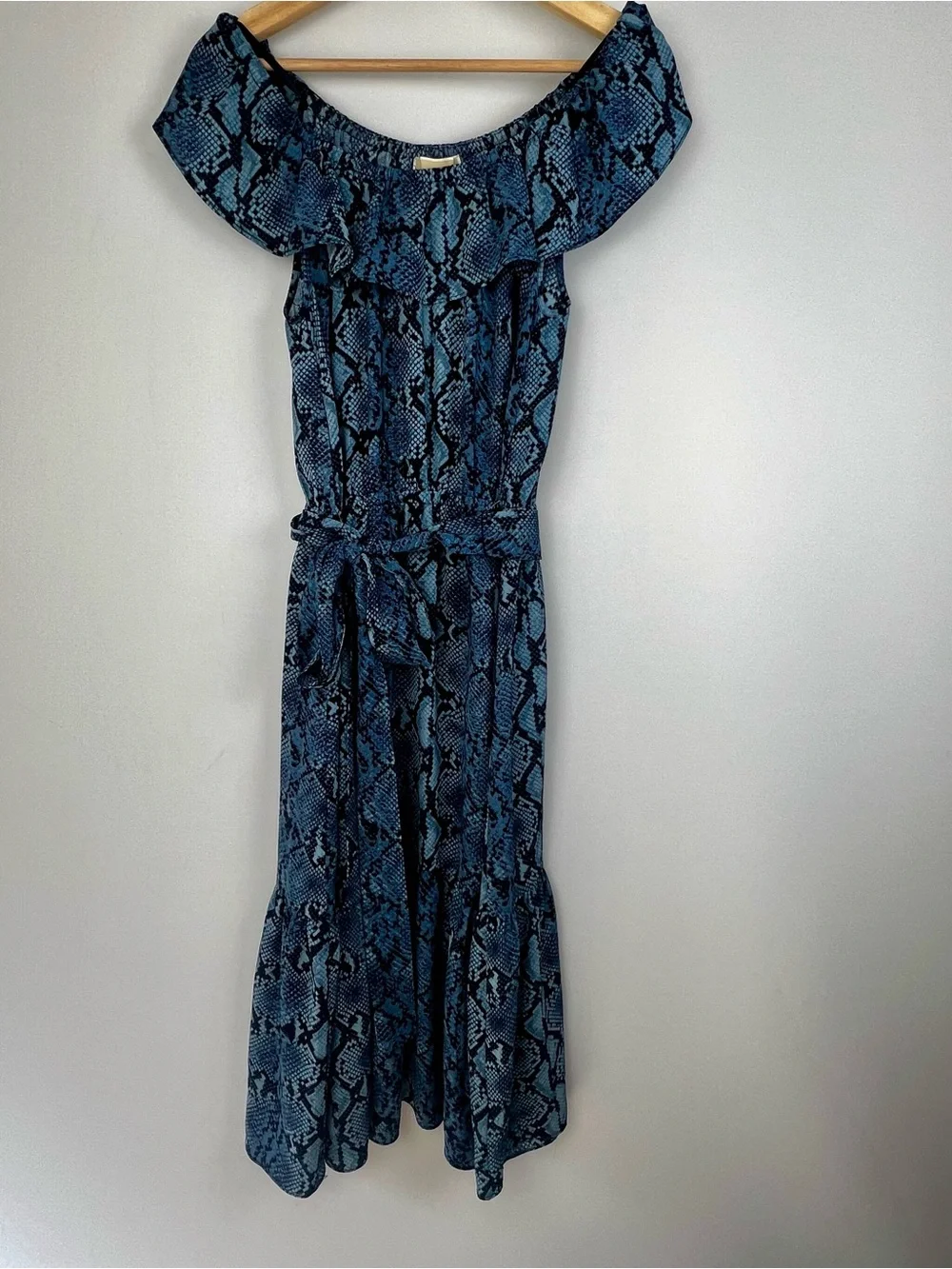 Michael Michael Kors Snakeskin Print Off Shoulder Ruffle Dress S NWT